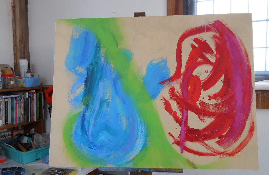 Colourful acrylic abstract painting work in progress by UK artist Stella Hidden