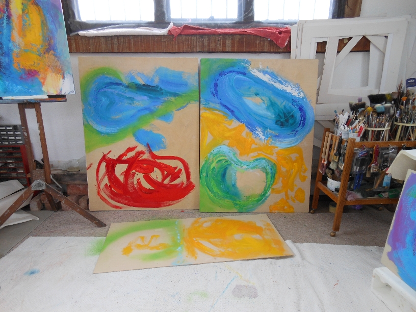 Colorful acrylic abstract painting work in progress by UK artist Stella Hidden