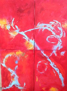 Stella Hidden's colourful acrylic abstract painting group 'Four Dances'