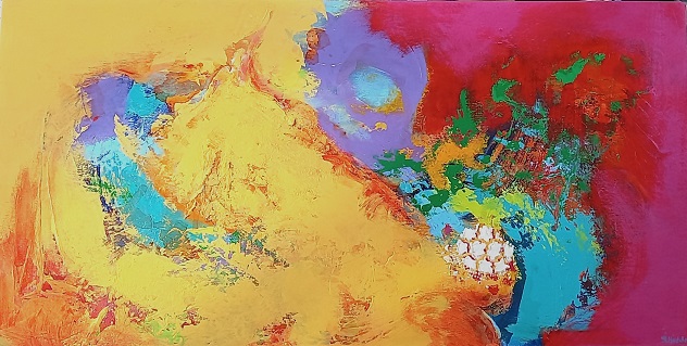 Colorful acrylic abstract painting 'Desert and Sarees' by UK artist Stella Hidden