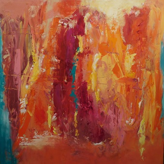 Colorful acrylic abstract painting 'Pink is the Colour of Welcome - Jaipur' by UK artist Stella Hidden