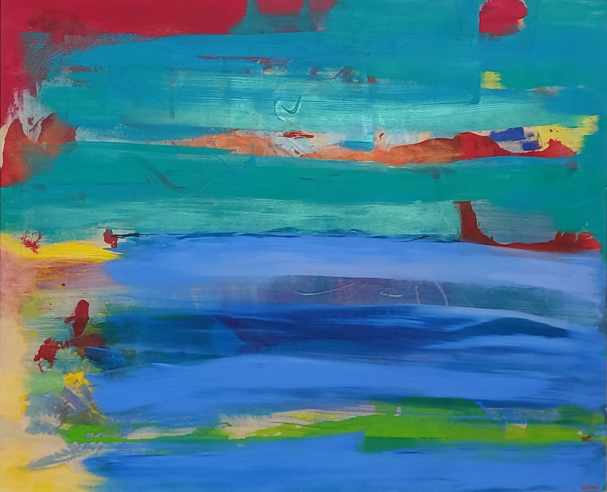 Colorful acrylic abstract painting 'Inbetween' by UK artist Stella Hidden