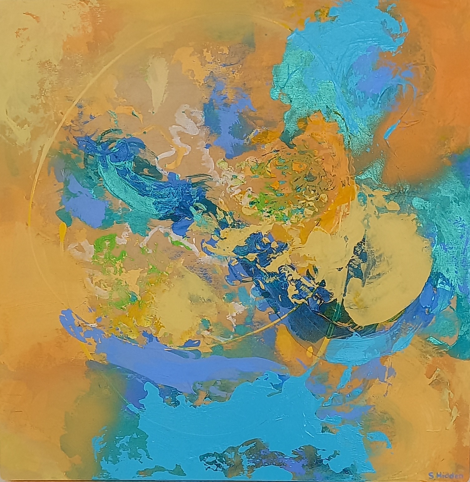 Colorful acrylic abstract painting 'Rhythm on the Beach' by UK artist Stella Hidden