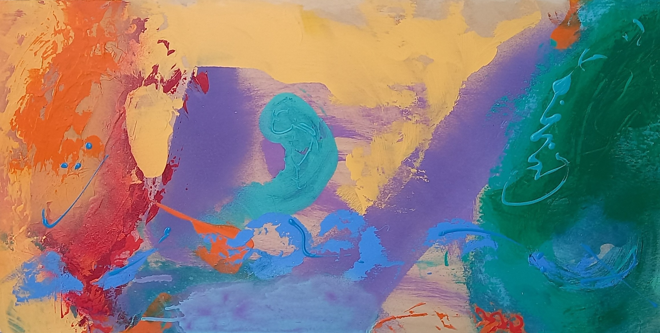 Colorful acrylic abstract painting 'Blue Skipping Across' by UK artist Stella Hidden