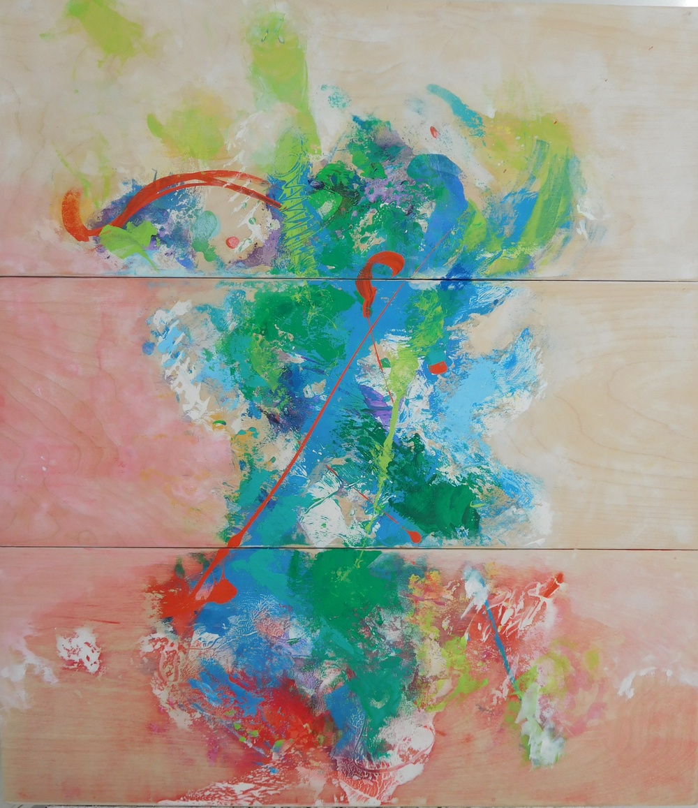 Colorful acrylic abstract triptych painting 'Climate Change' by UK artist Stella Hidden