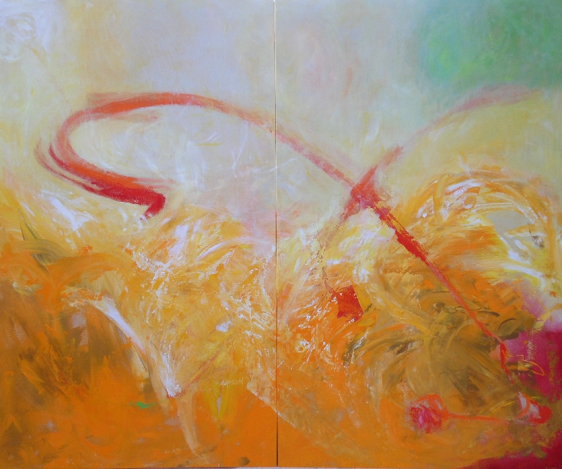 Colourful acrylic abstract diptych 'Connected' by UK artist Stella Hidden