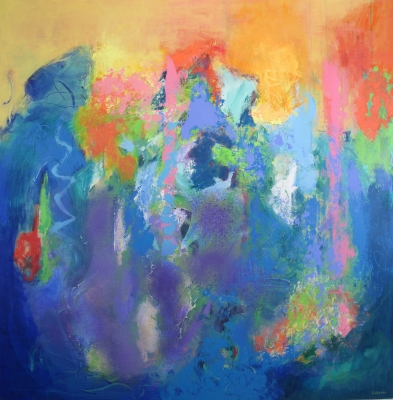 Colorful acrylic abstract painting 'Early Morning Memory' by UK artist Stella Hidden