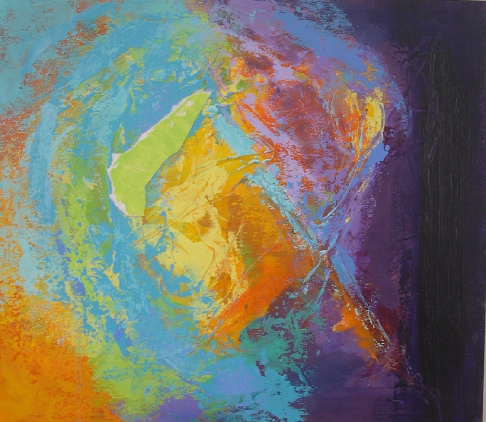 Colorful acrylic abstract painting 'Here Comes the Sun' by UK artist Stella Hidden