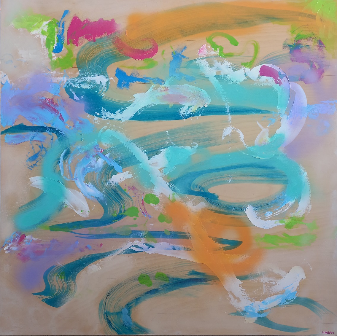 Colorful acrylic abstract painting 'Rhythm, Clouds and House Martins' by UK artist Stella Hidden