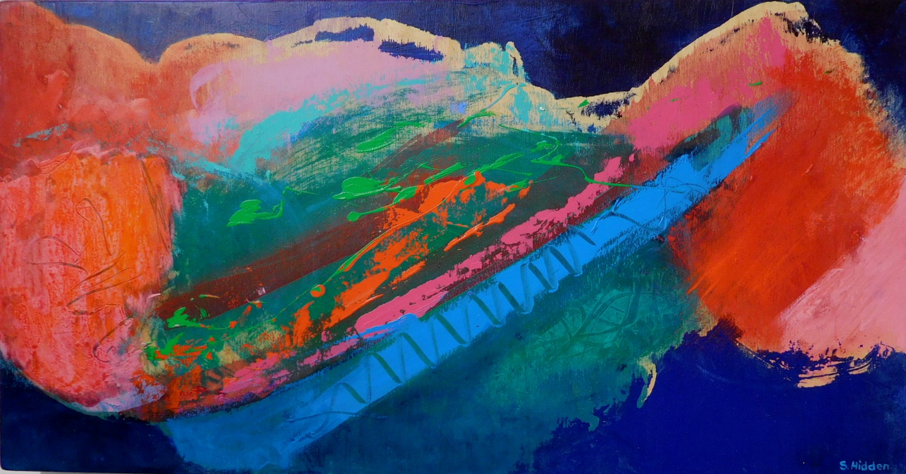 Colorful acrylic abstract painting 'Out There' by UK artist Stella Hidden