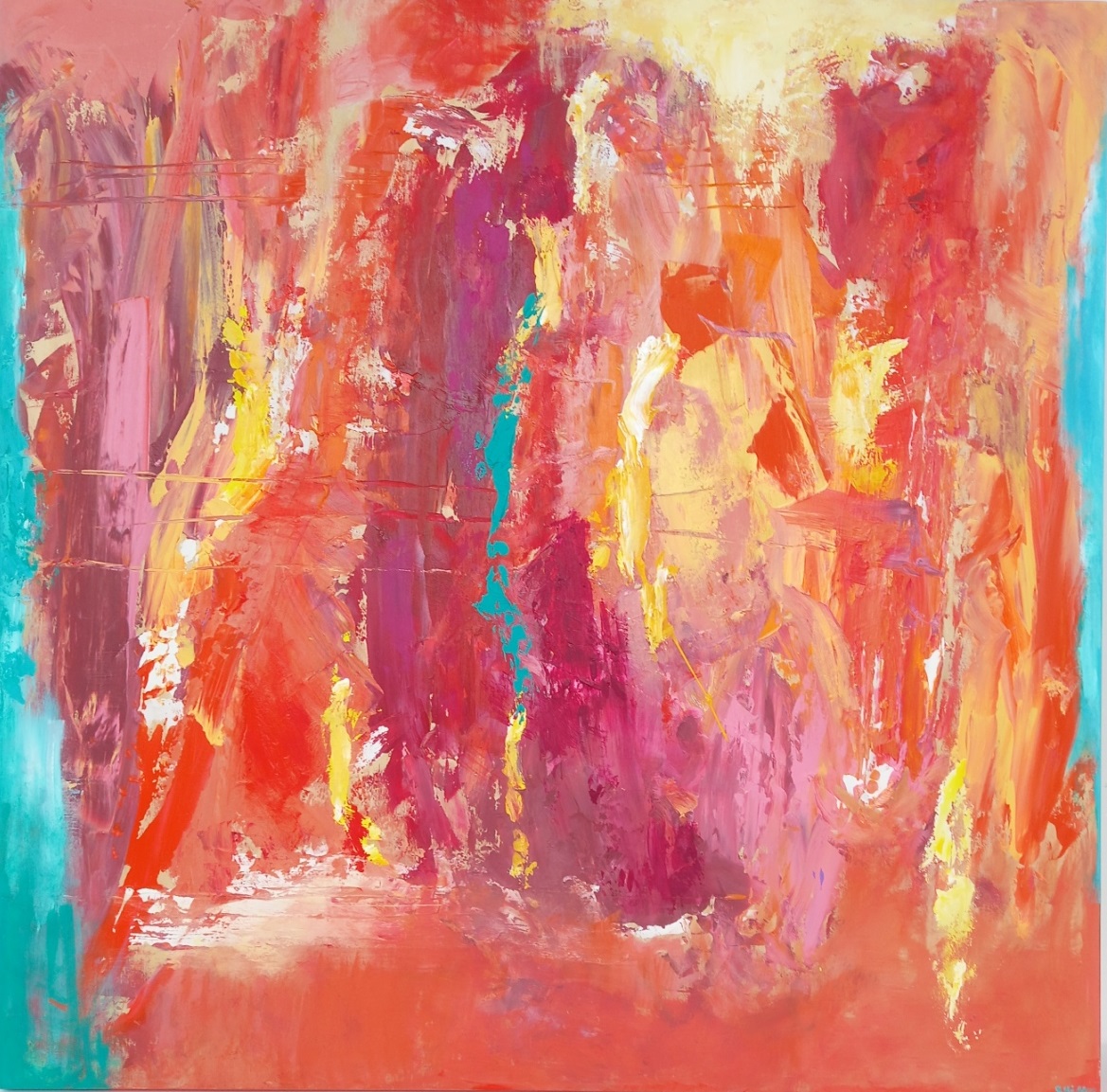 Colorful acrylic abstract painting 'Pink is the Colour of Welcome - Jaipur' by UK artist Stella Hidden