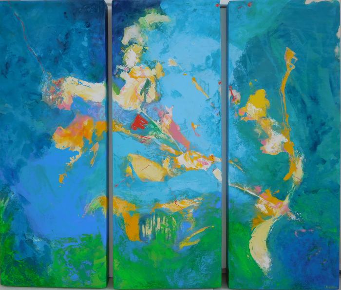 Colorful acrylic abstract painting 'Shimmer: View from a Snorkel' by UK artist Stella Hidden