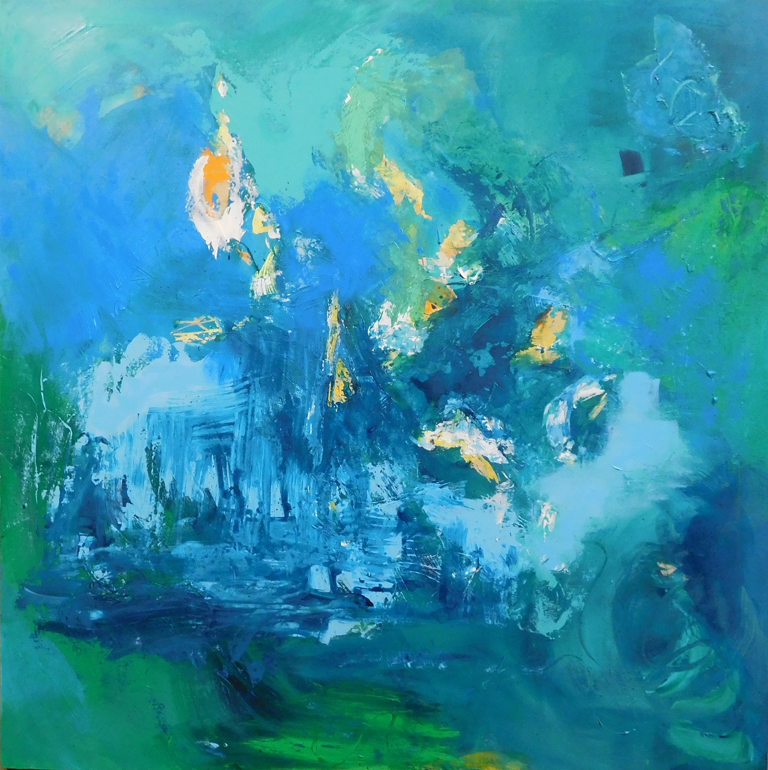 Colorful acrylic abstract painting 'Water Meadow' by UK artist Stella Hidden